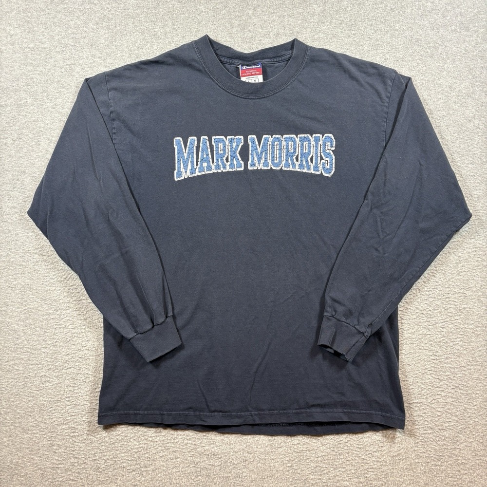Champion Long Sleeve Shirt Mens L Navy Mark Morris Spellout Y2K 2000s Collegiate